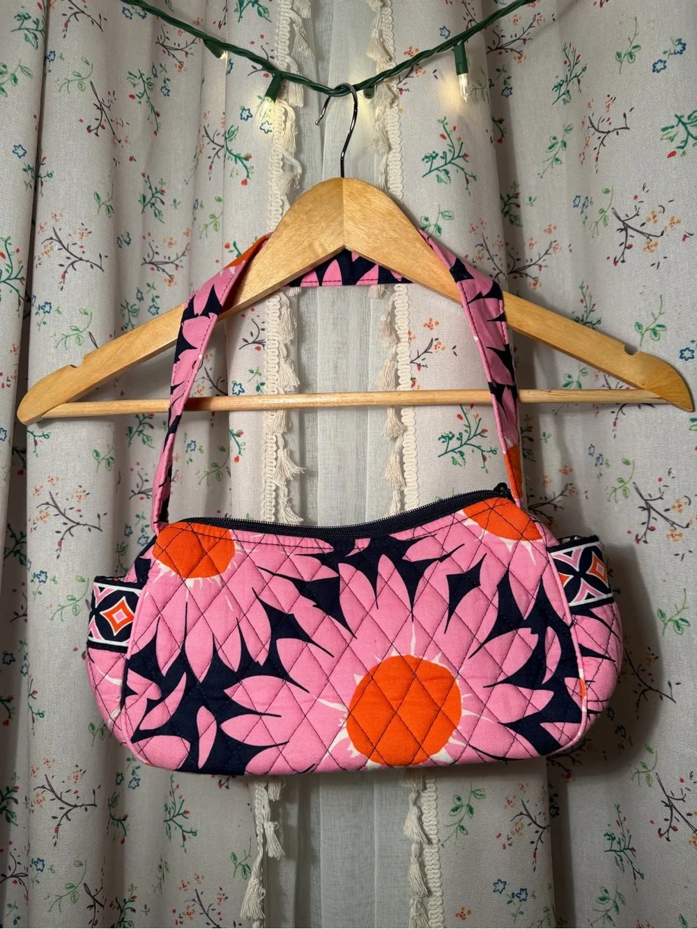 Vera Bradley Quilted Pink Floral Shoulder Bag with Orange Accents
